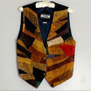 Vintage DS Don’t Stop western Leather Newsprint Vest medium patchwork women’s